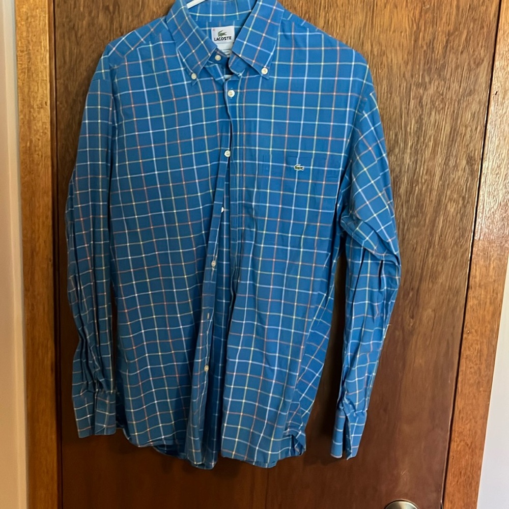 Lacoste Men’s Blue Plaid Button Up, Size 42